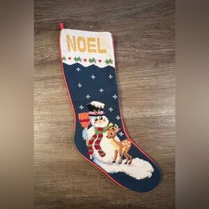 Vintage Needlepoint Christmas Stocking, Frosty Snowman & Rudolph, Wool Tapestry